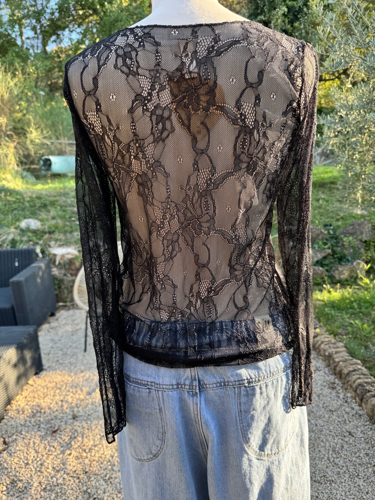 Top Dentelle Manches Longues Femme - Marron, Noir & Beige