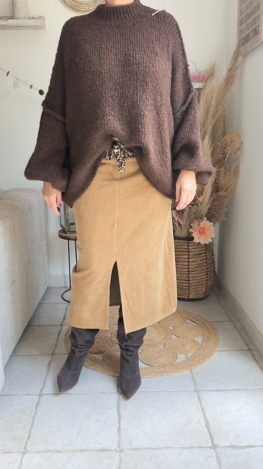 Jupe droite en velours camel